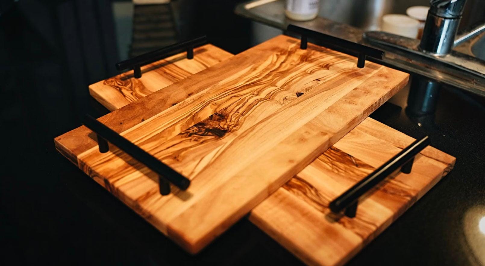 Rectangle Olive Wood Tray With Black Handles