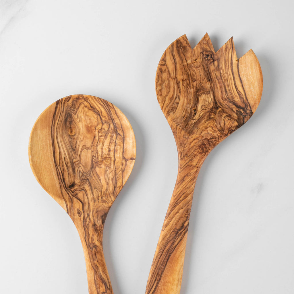 Olive Wood Salad Servers Set – Handmade Spoon & Spork