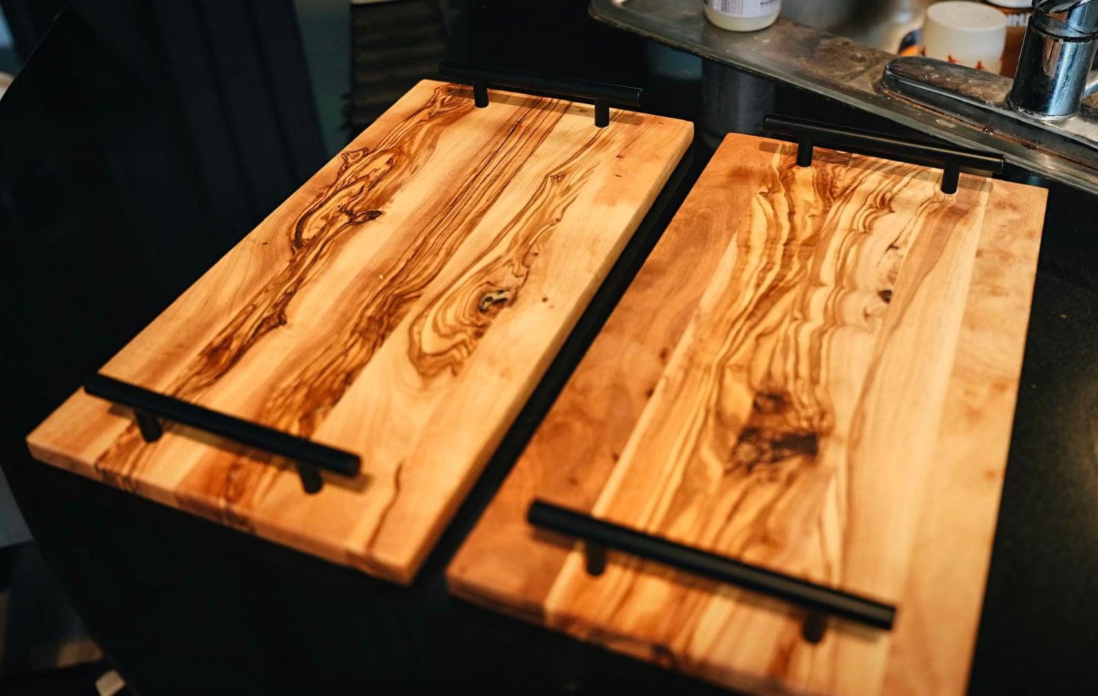 Rectangle Olive Wood Tray With Black Handles