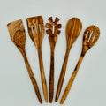 Handmade Olive Wood Utensil Set: 5 Wooden Kitchen Spoons & Spatulas
