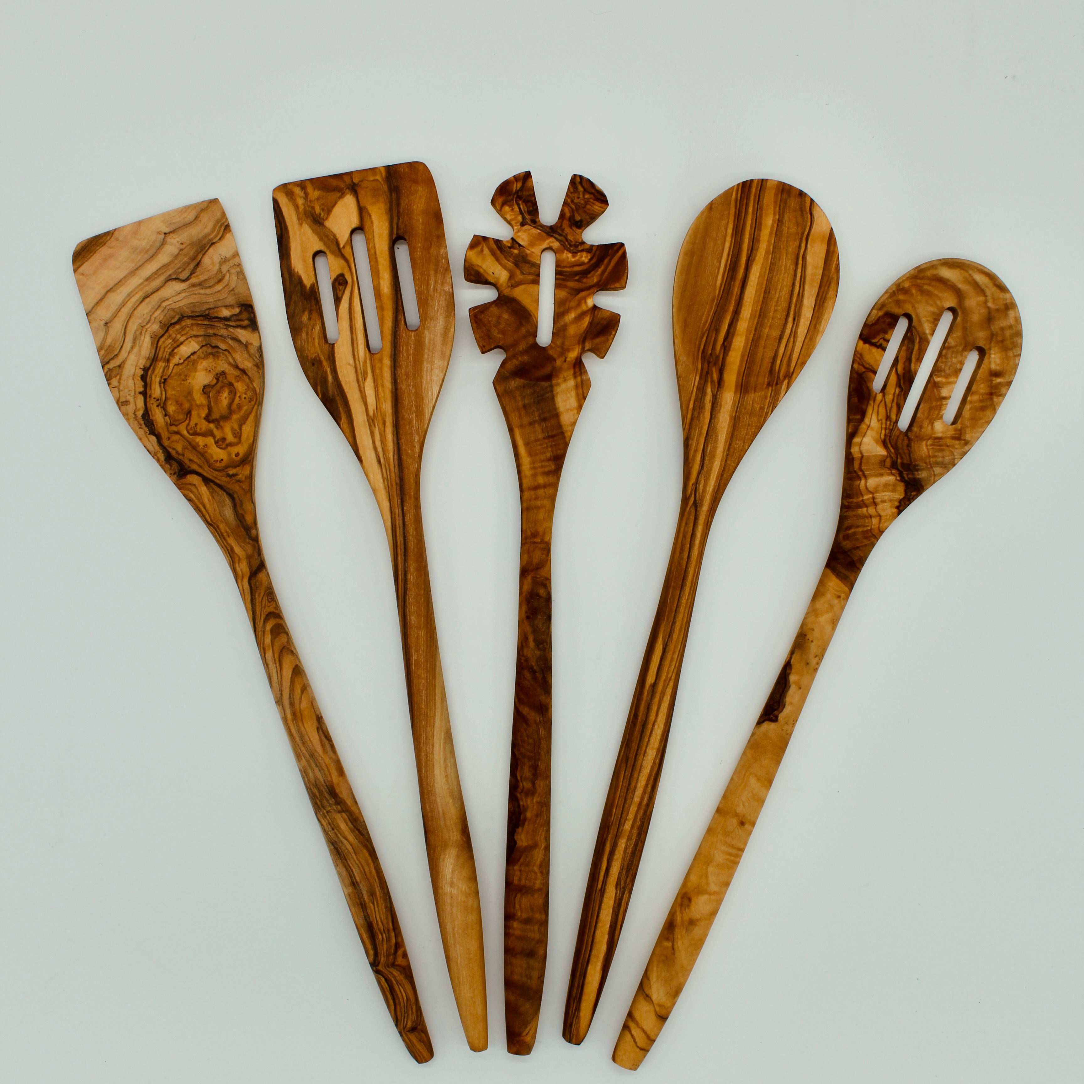 Handmade Olive Wood Utensil Set: 5 Wooden Kitchen Spoons & Spatulas