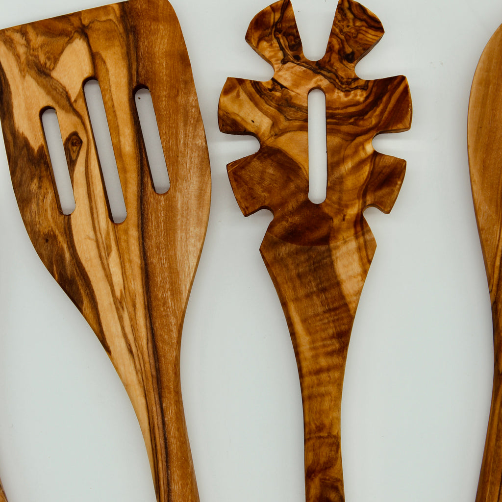 Handmade Olive Wood Utensil Set: 5 Wooden Kitchen Spoons & Spatulas