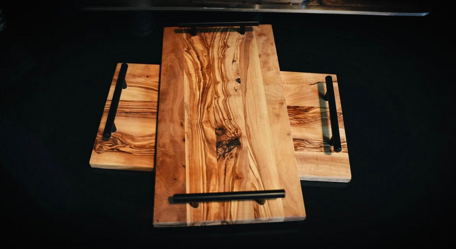 Rectangle Olive Wood Tray With Black Handles