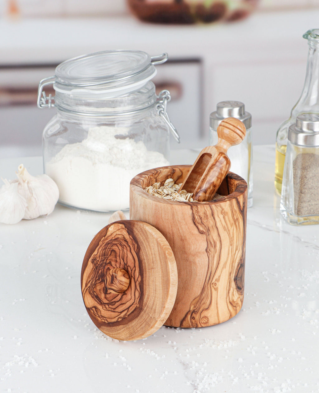Round Salt Box Handmade of Olive Wood