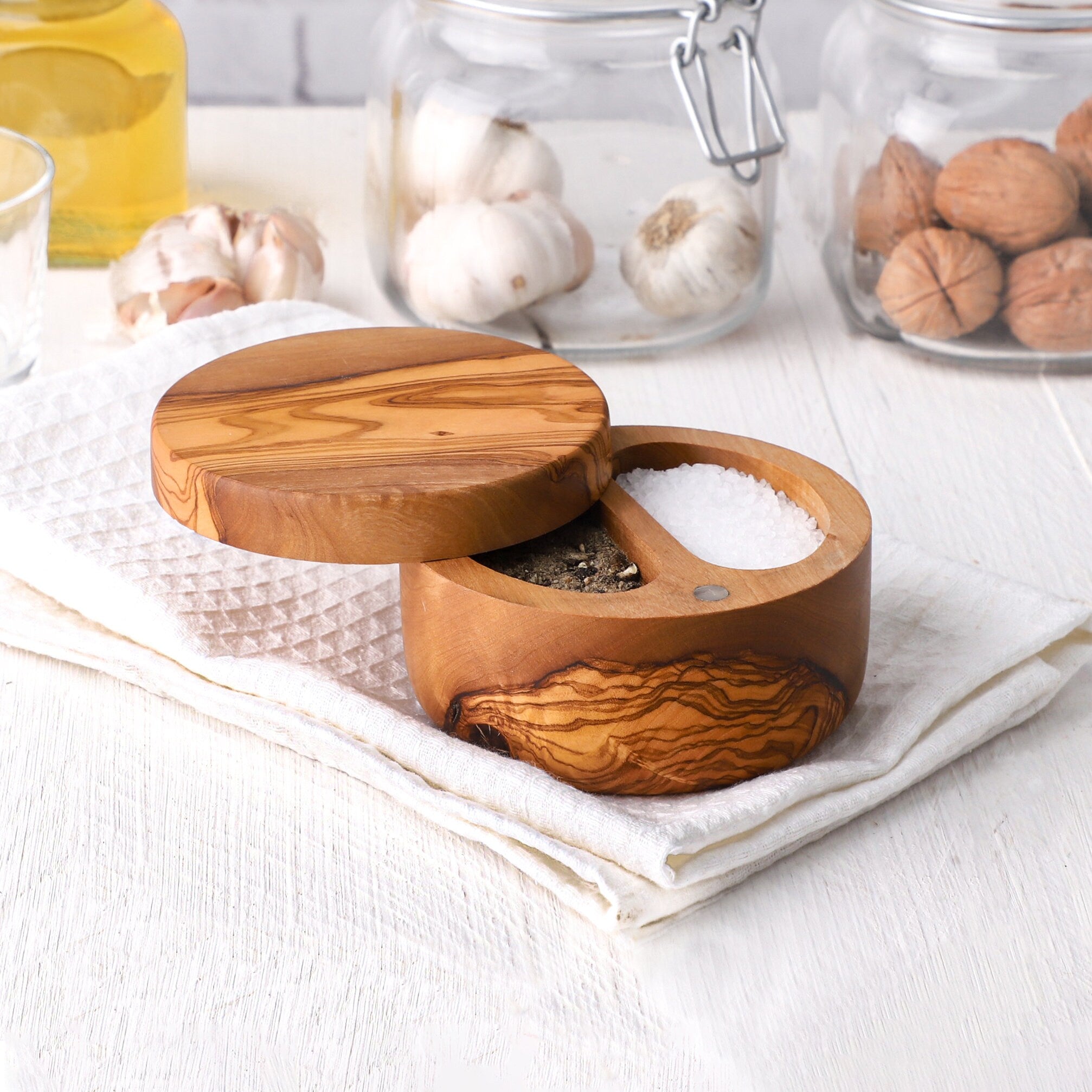 Handmade Olive Wood Divided Salt Cellar with Lid & Spoon