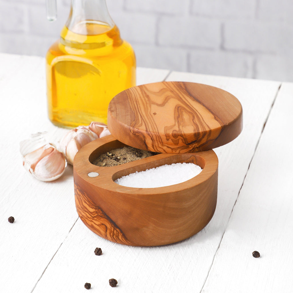 Handmade Olive Wood Divided Salt Cellar with Lid & Spoon