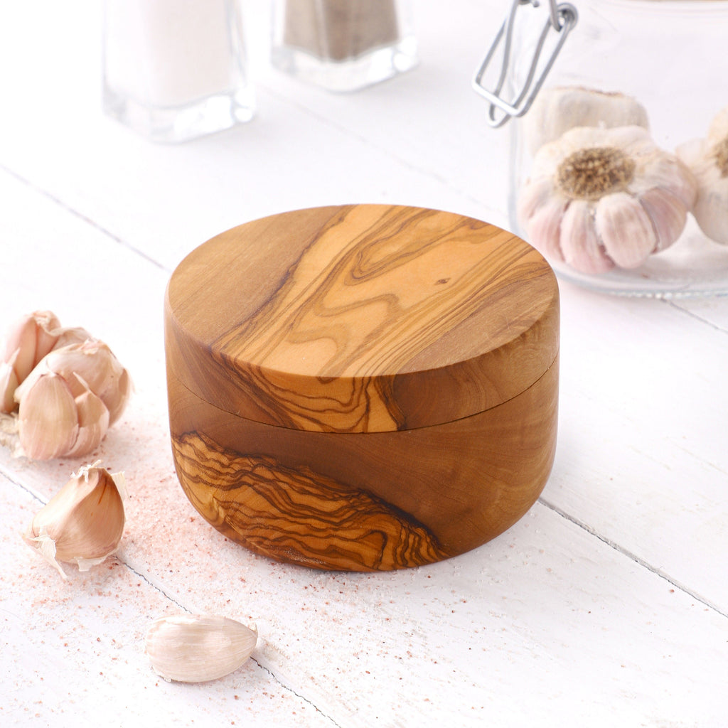 Handmade Olive Wood Divided Salt Cellar with Lid & Spoon