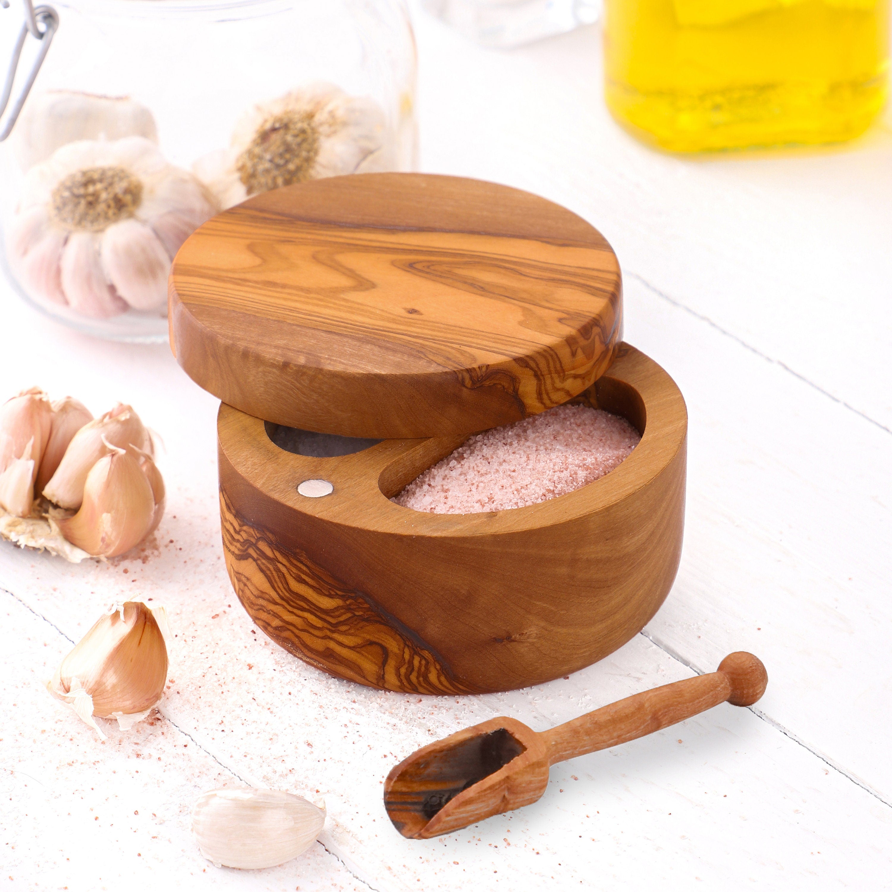 Handmade Olive Wood Divided Salt Cellar with Lid & Spoon