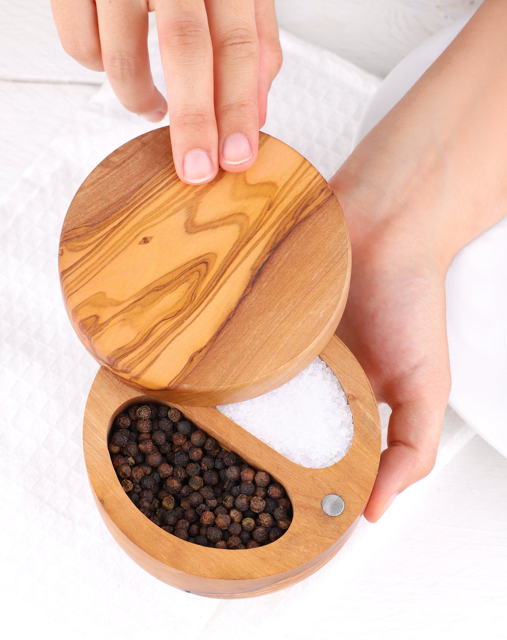 Handmade Olive Wood Divided Salt Cellar with Lid & Spoon