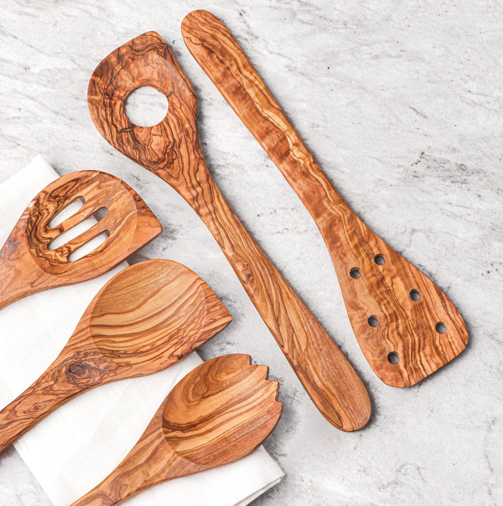 Olive Wood Kitchen Utensil Set: Personalized Cooking Spoons & Spatula