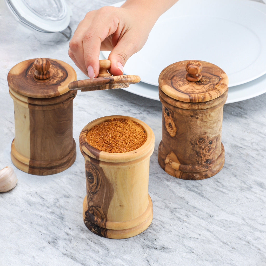 Handmade Olive Wood Spice Jars with Lid