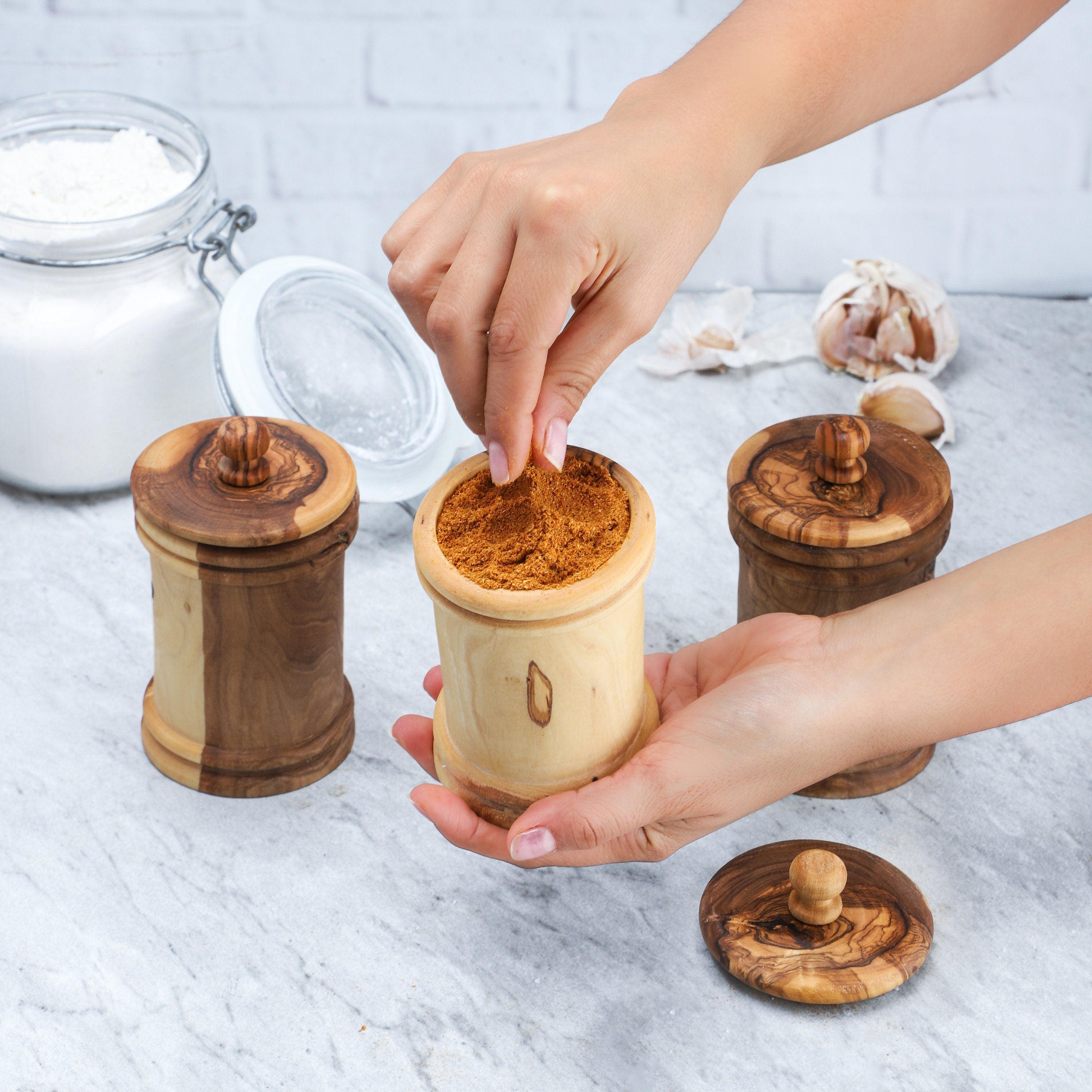 Handmade Olive Wood Spice Jars with Lid