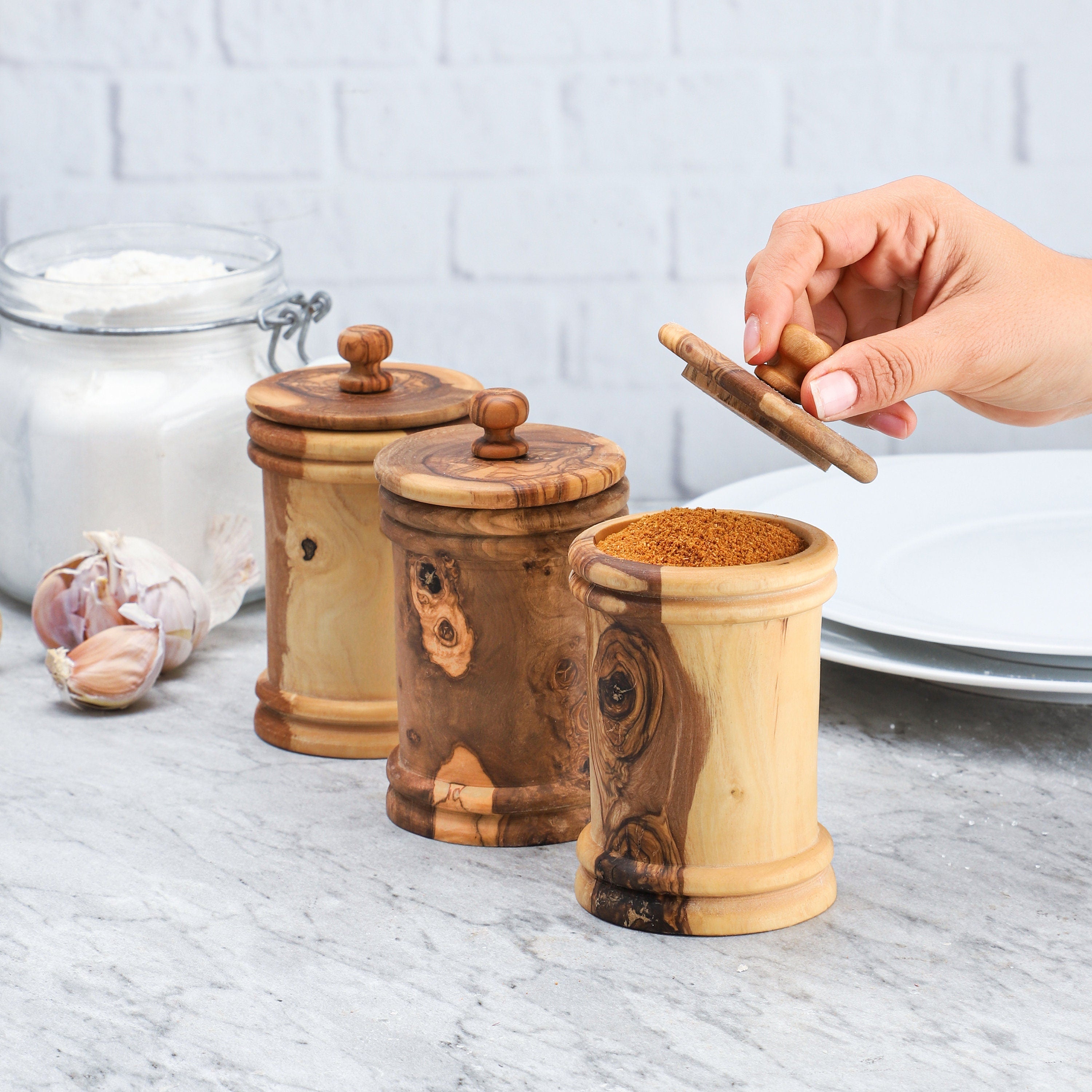 Handmade Olive Wood Spice Jars with Lid