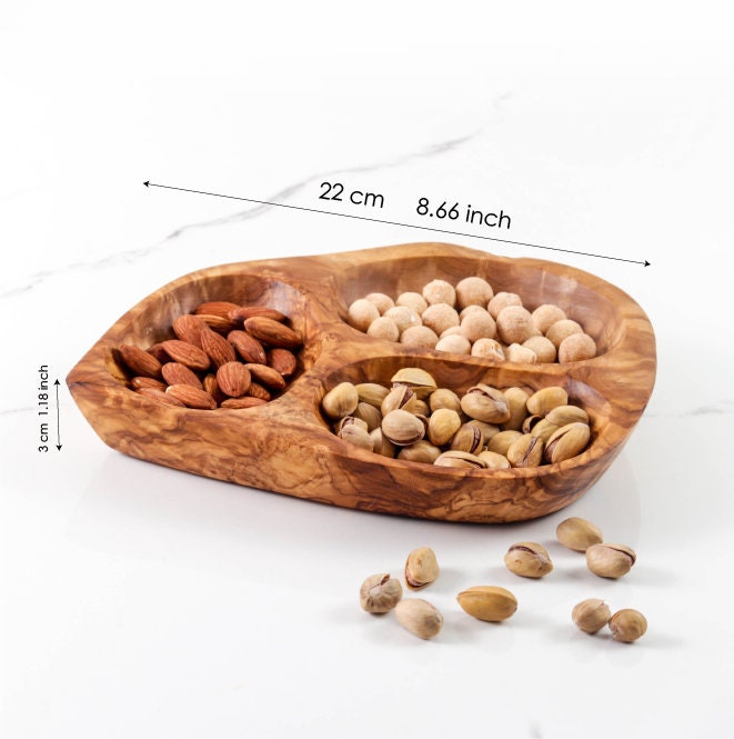 Handmade Olive Wood Appetizer Plate: 3-Section Serving Tray (22 cm)