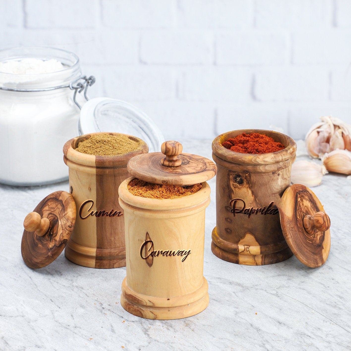 Handmade Olive Wood Spice Jars with Lid