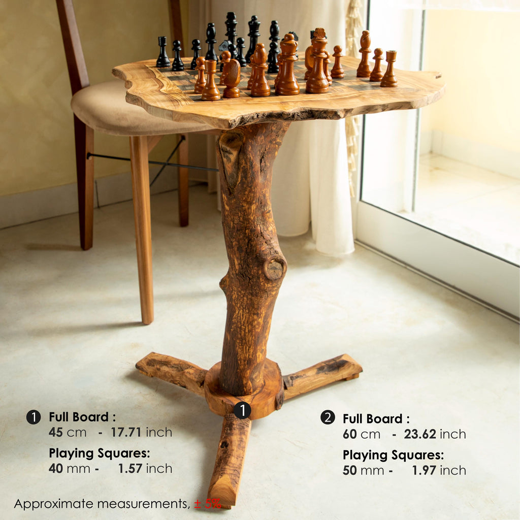 Handmade Olive Wood Chess Table with Rustic Natural Edge