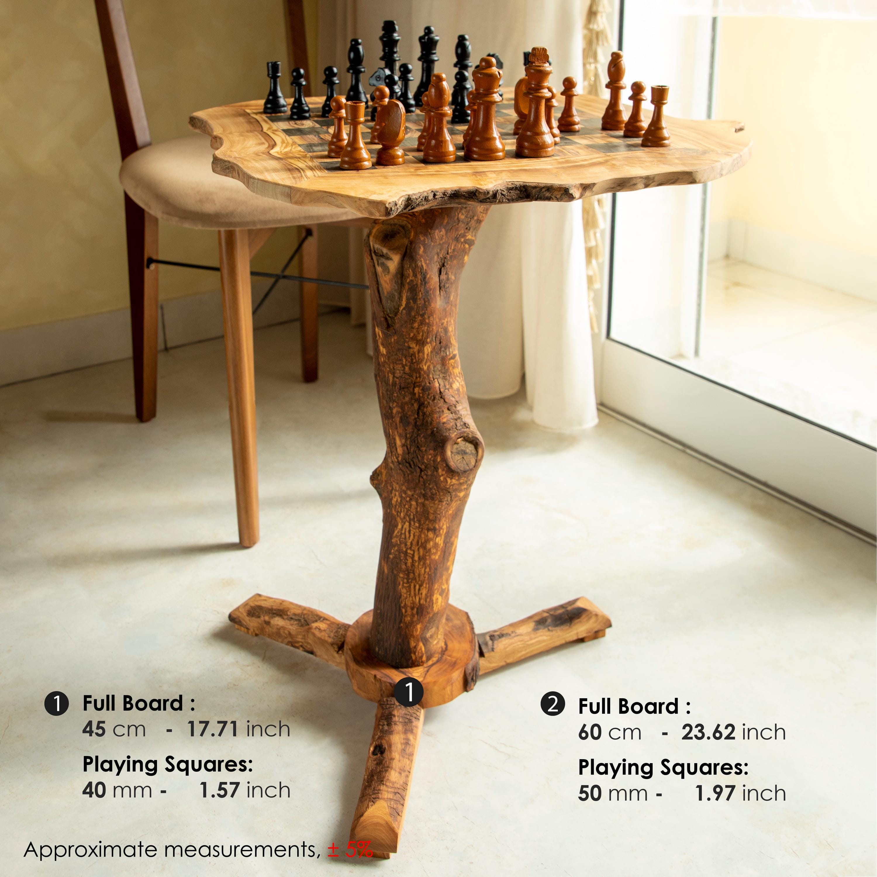 Handmade Olive Wood Chess Table with Rustic Natural Edge