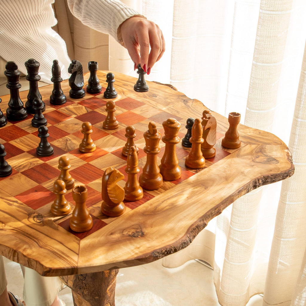 Handmade Olive Wood Chess Table with Rustic Natural Edge