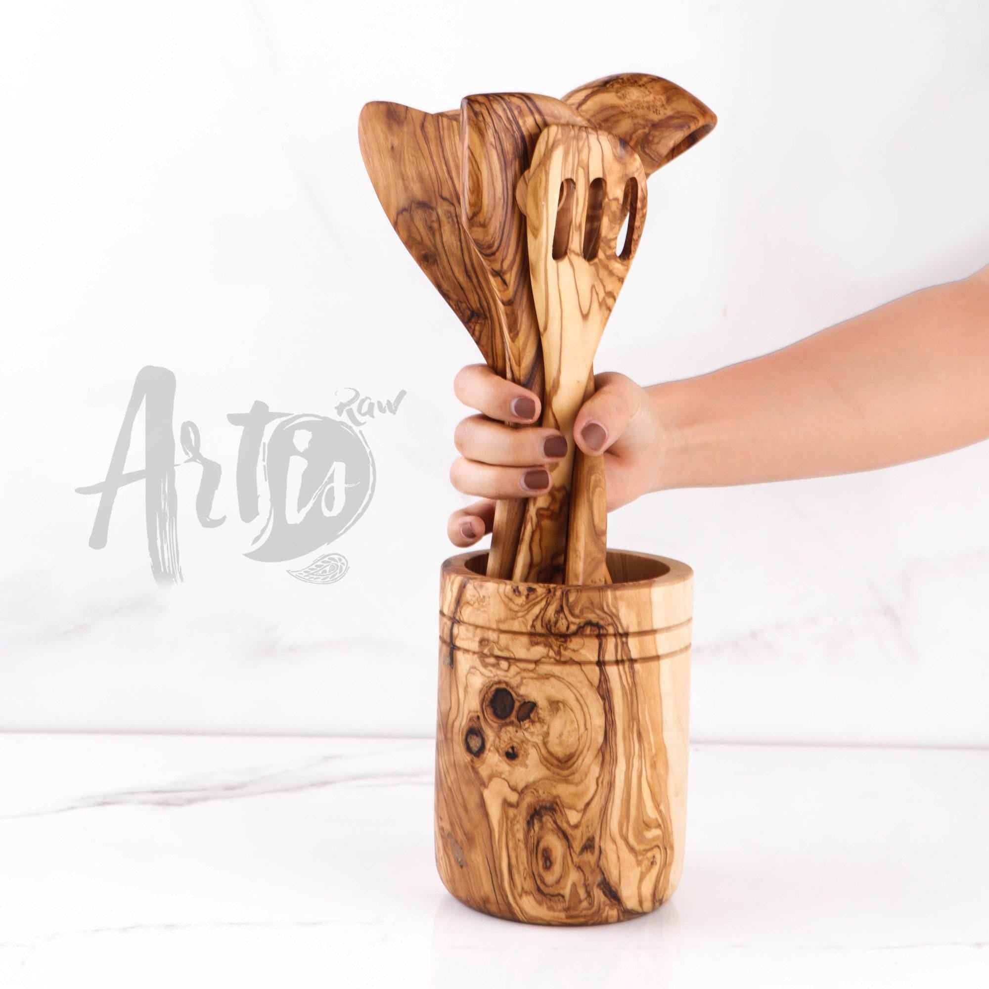 Olive Wood Utensil Set with Holder: 5 Handmade Essential Utensils