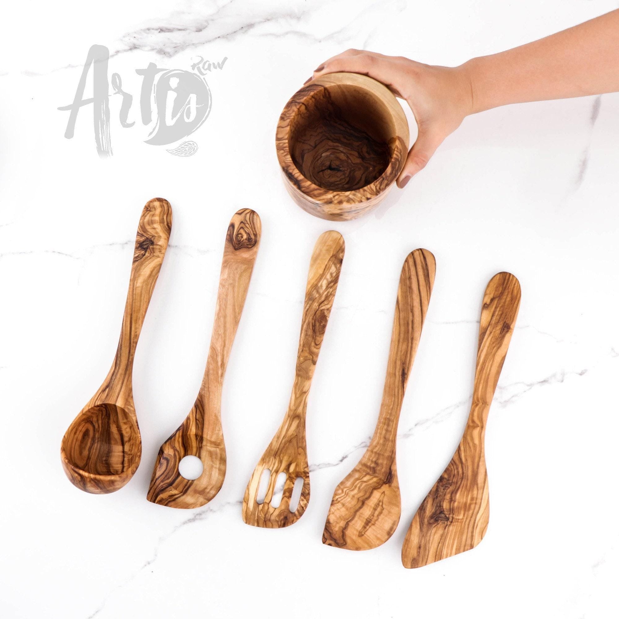 Olive Wood Utensil Set with Holder: 5 Handmade Essential Utensils
