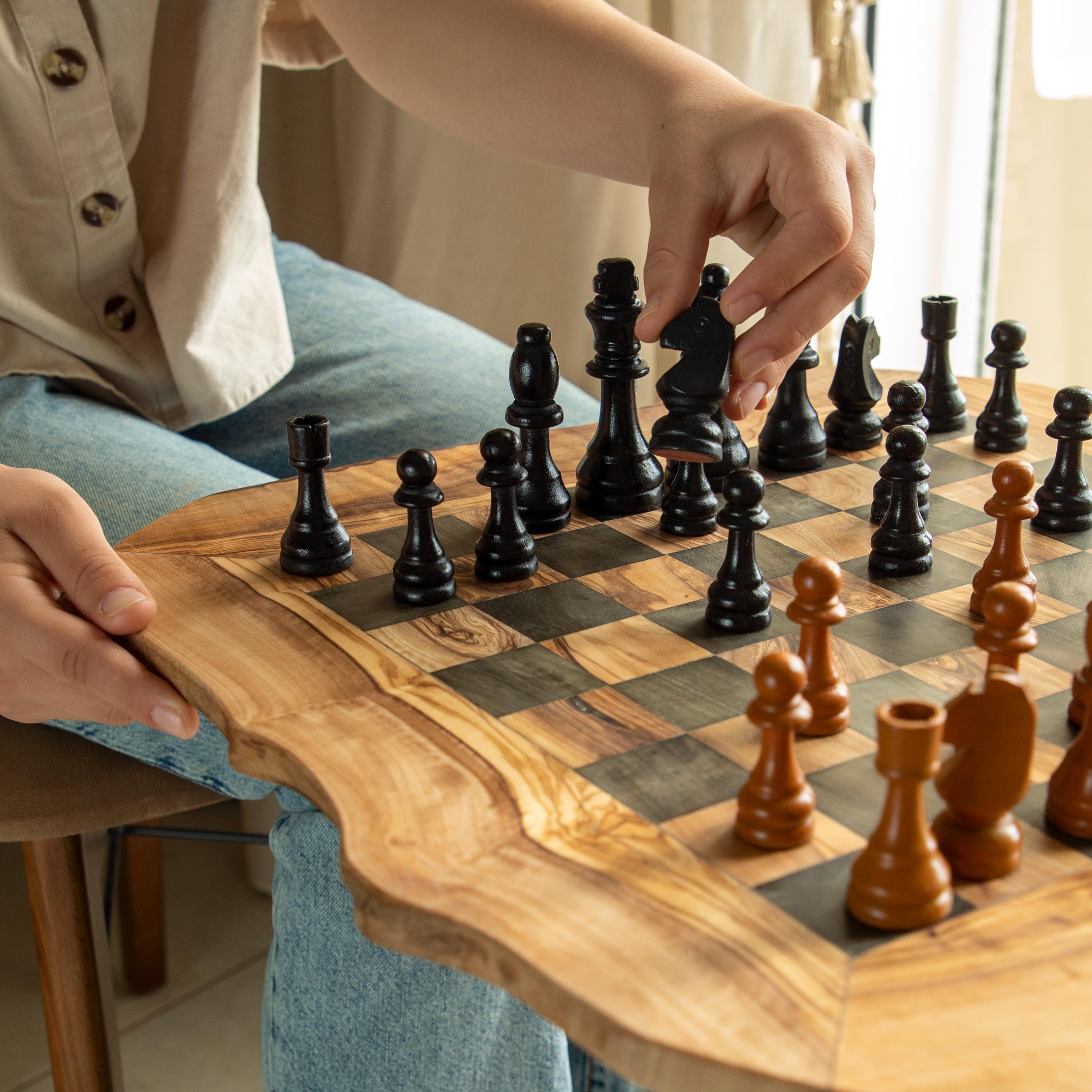 Handmade Olive Wood Chess Table with Rustic Natural Edge