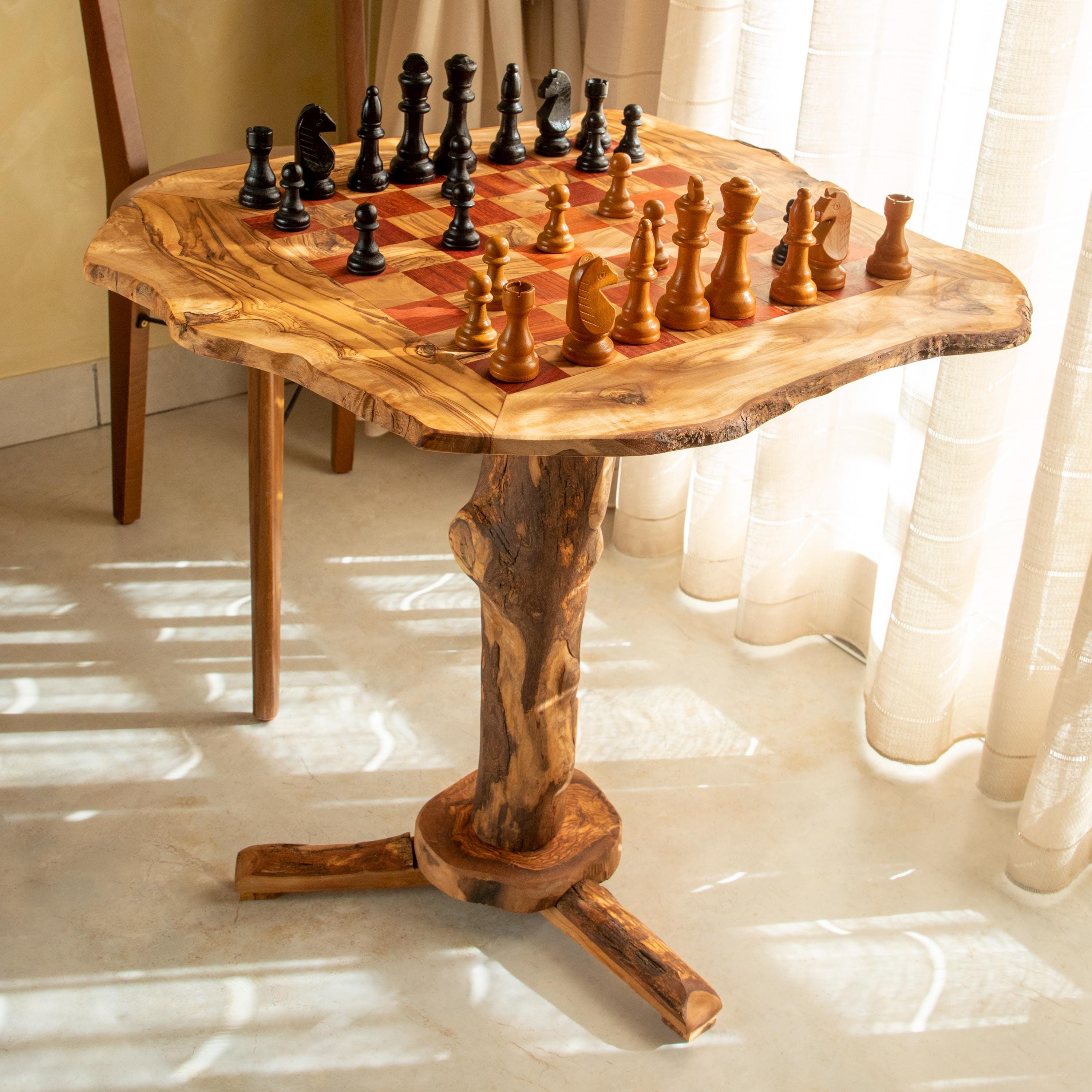 Handmade Olive Wood Chess Table with Rustic Natural Edge