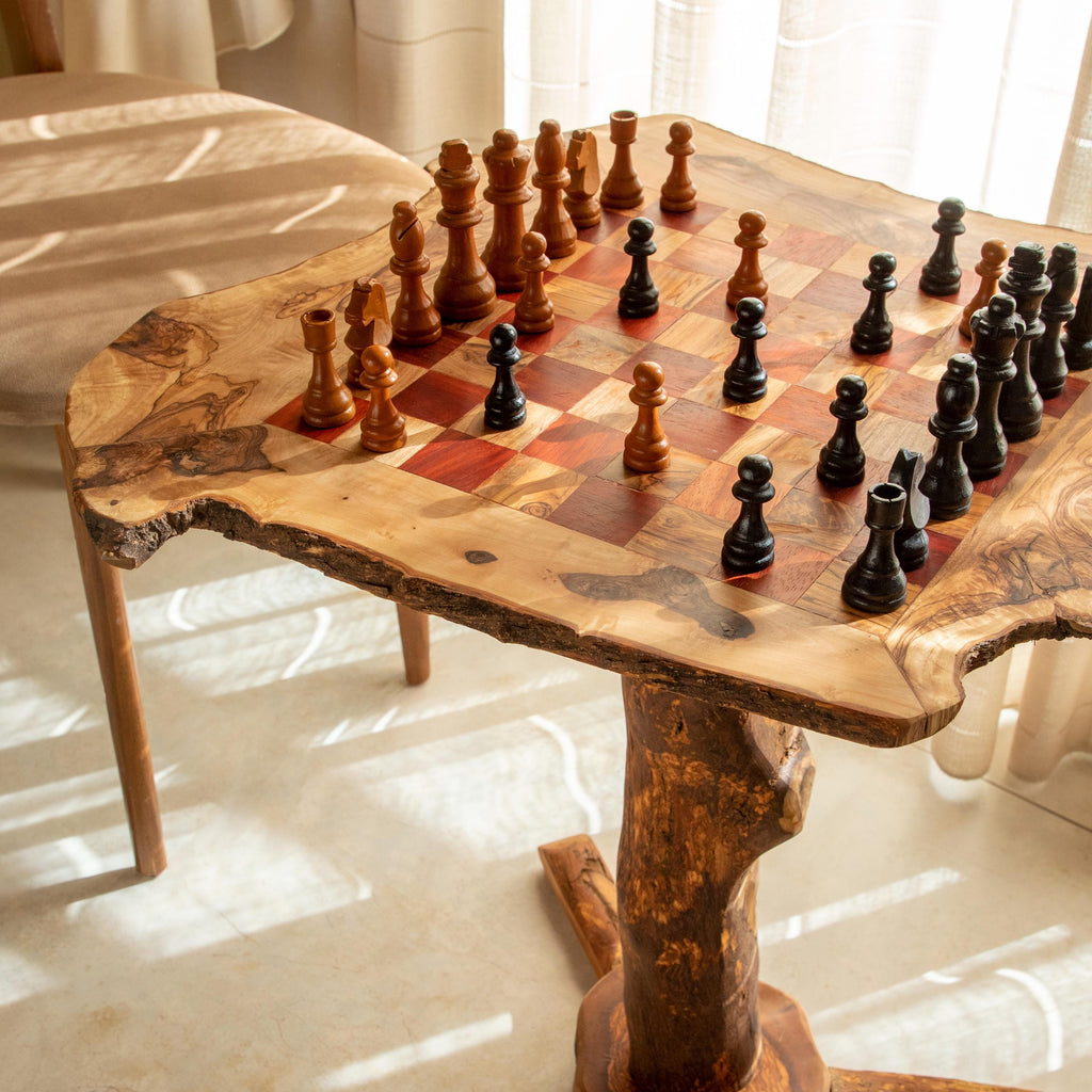 Handmade Olive Wood Chess Table with Rustic Natural Edge