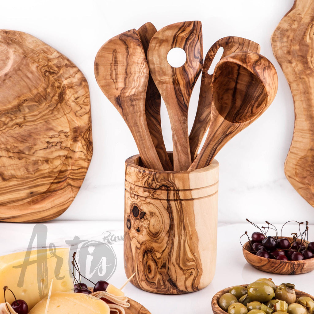 Olive Wood Utensil Set with Holder: 5 Handmade Essential Utensils