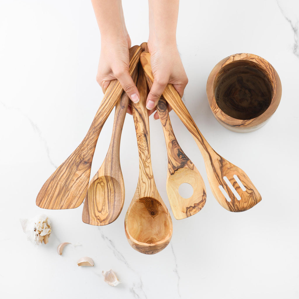 Olive Wood Utensil Set with Holder: 5 Handmade Essential Utensils