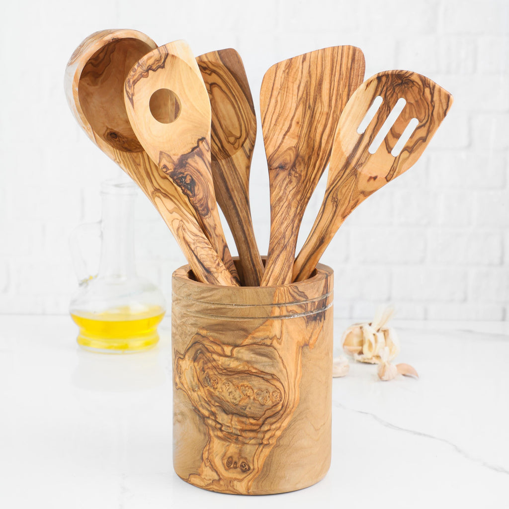 Olive Wood Utensil Set with Holder: 5 Handmade Essential Utensils