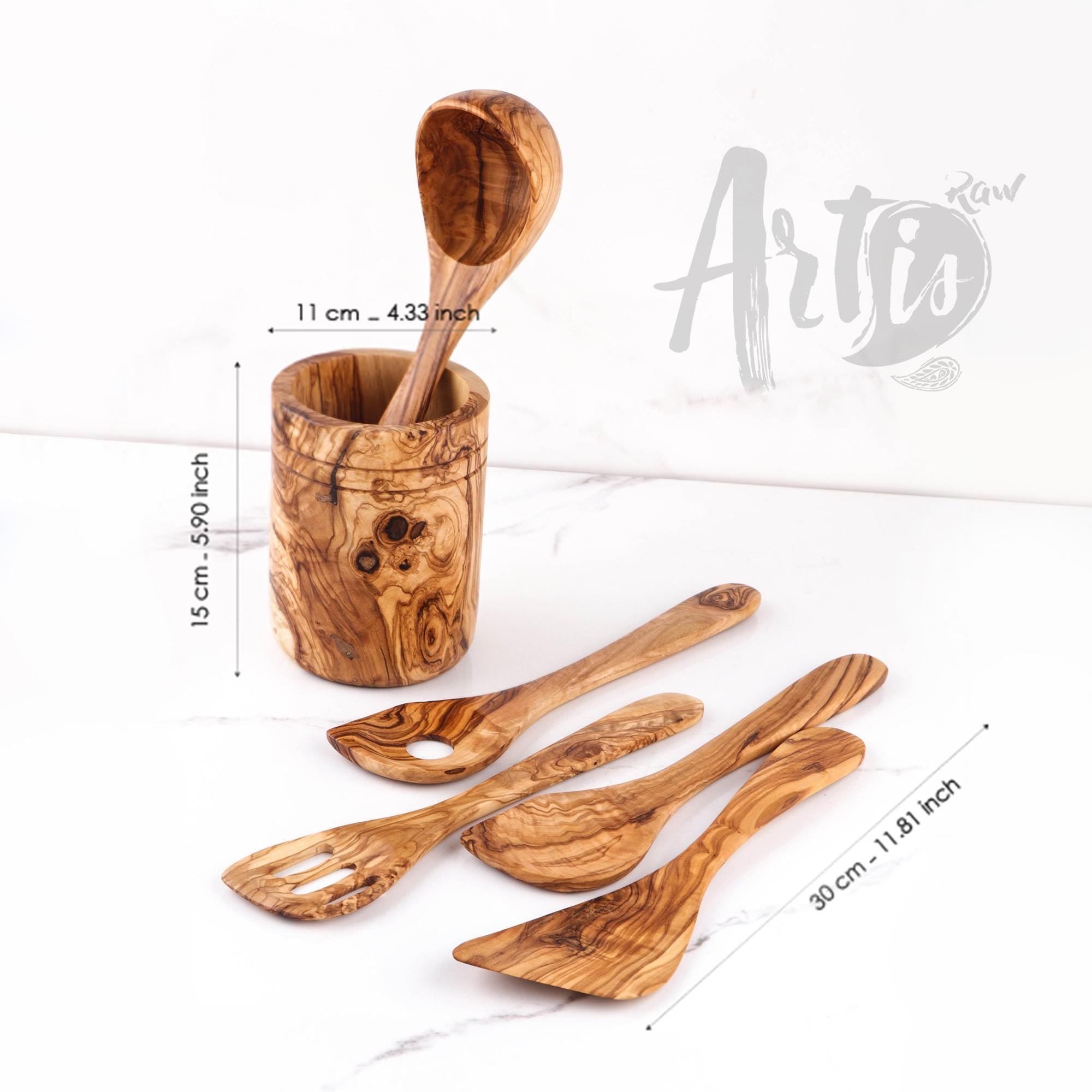 Olive Wood Utensil Set with Holder: 5 Handmade Essential Utensils