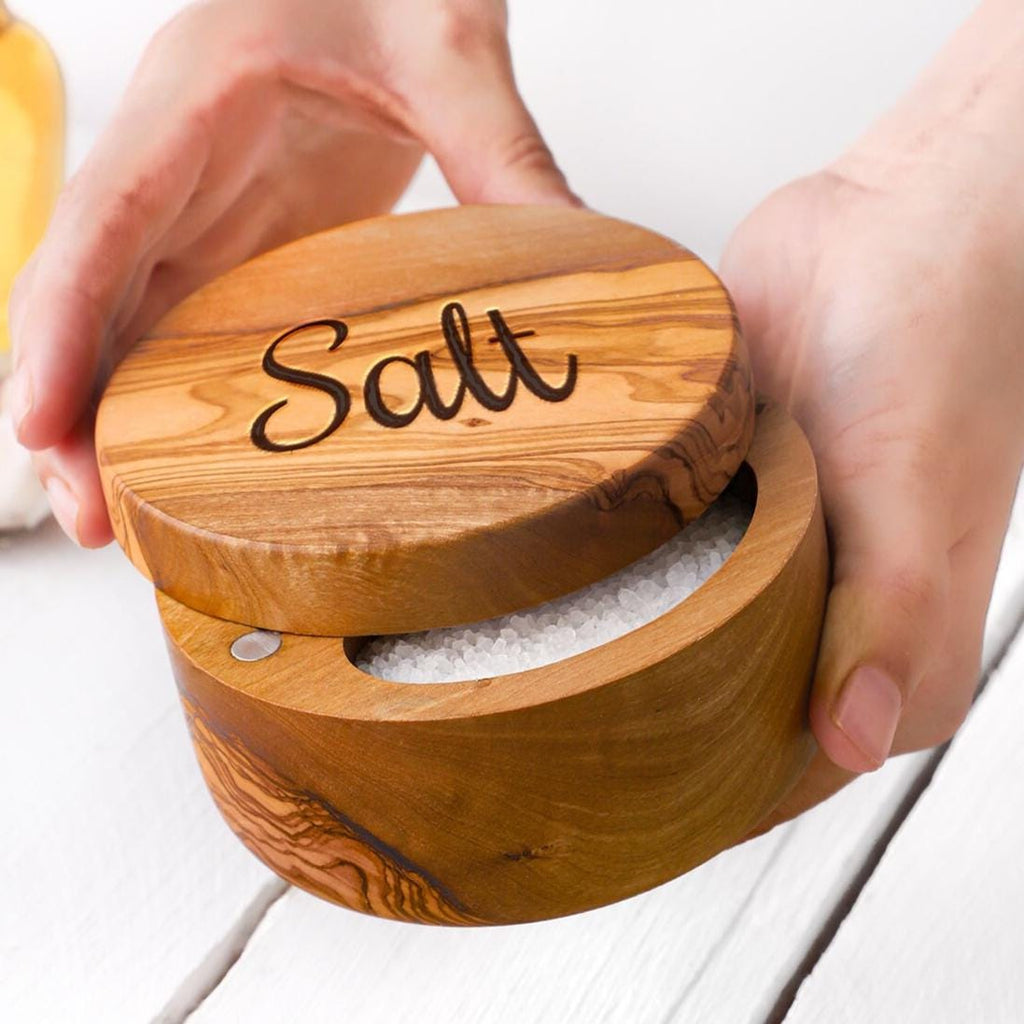 Handmade Olive Wood Divided Salt Cellar with Lid & Spoon