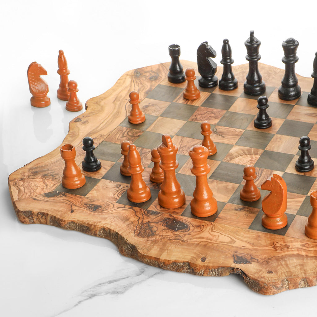 Handmade Olive Wood Chess Set with Rough Edges: Personalized Gift