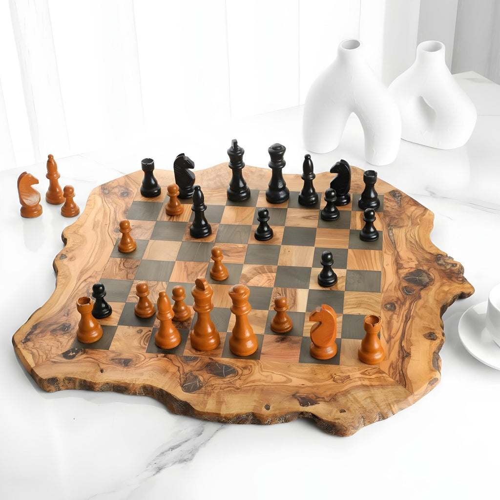 Handmade Olive Wood Chess Set with Rough Edges: Personalized Gift