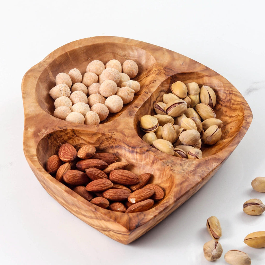 Handmade Olive Wood Appetizer Plate: 3-Section Serving Tray (22 cm)