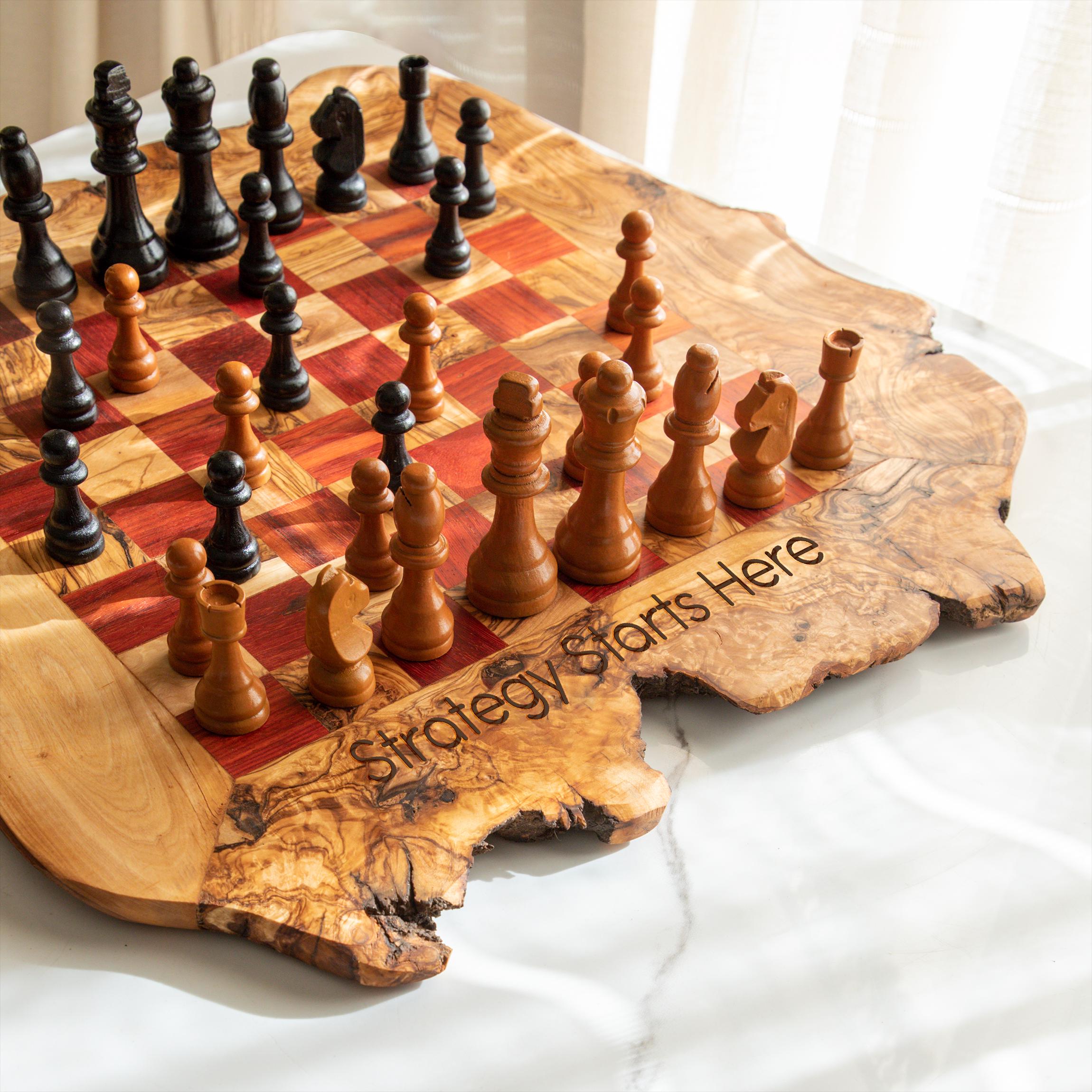 Handmade Olive Wood Chess Set with Rough Edges: Personalized Gift