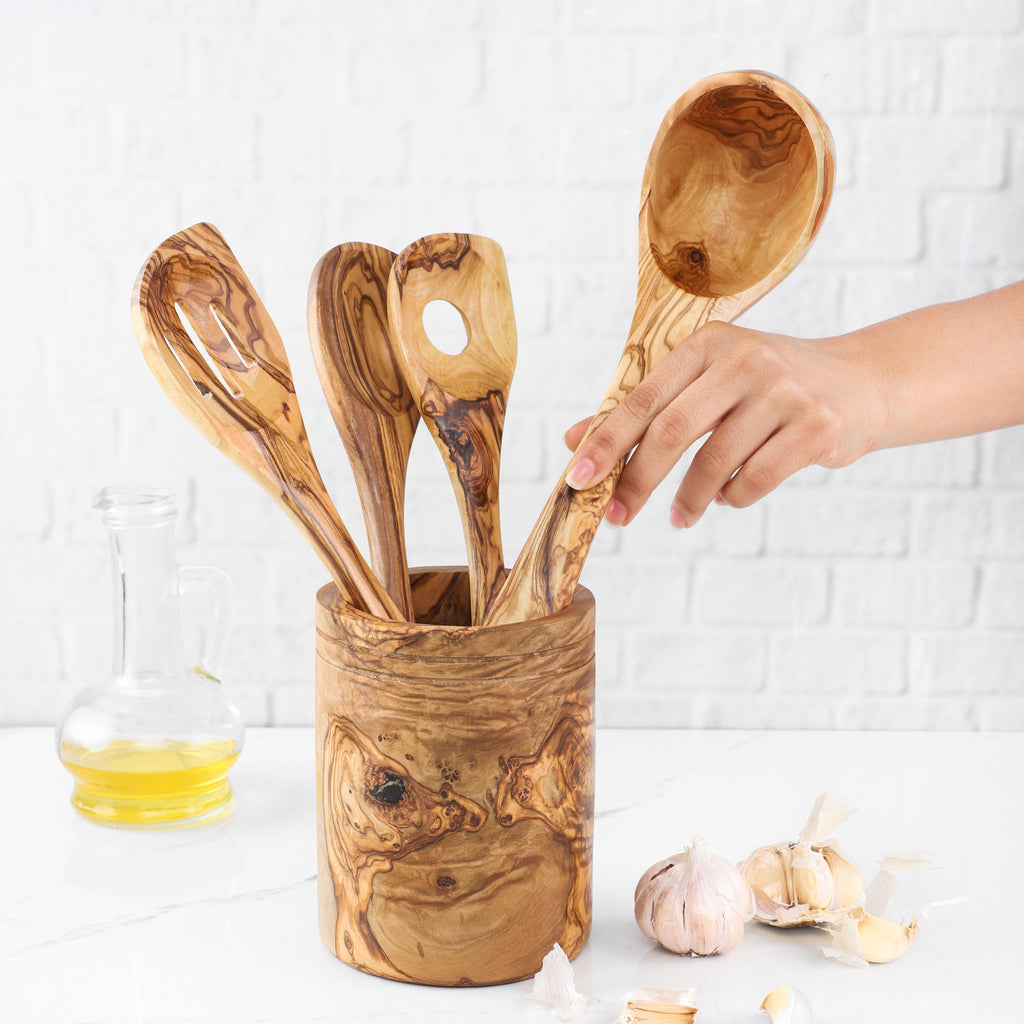 Olive Wood Utensil Set with Holder: 5 Handmade Essential Utensils
