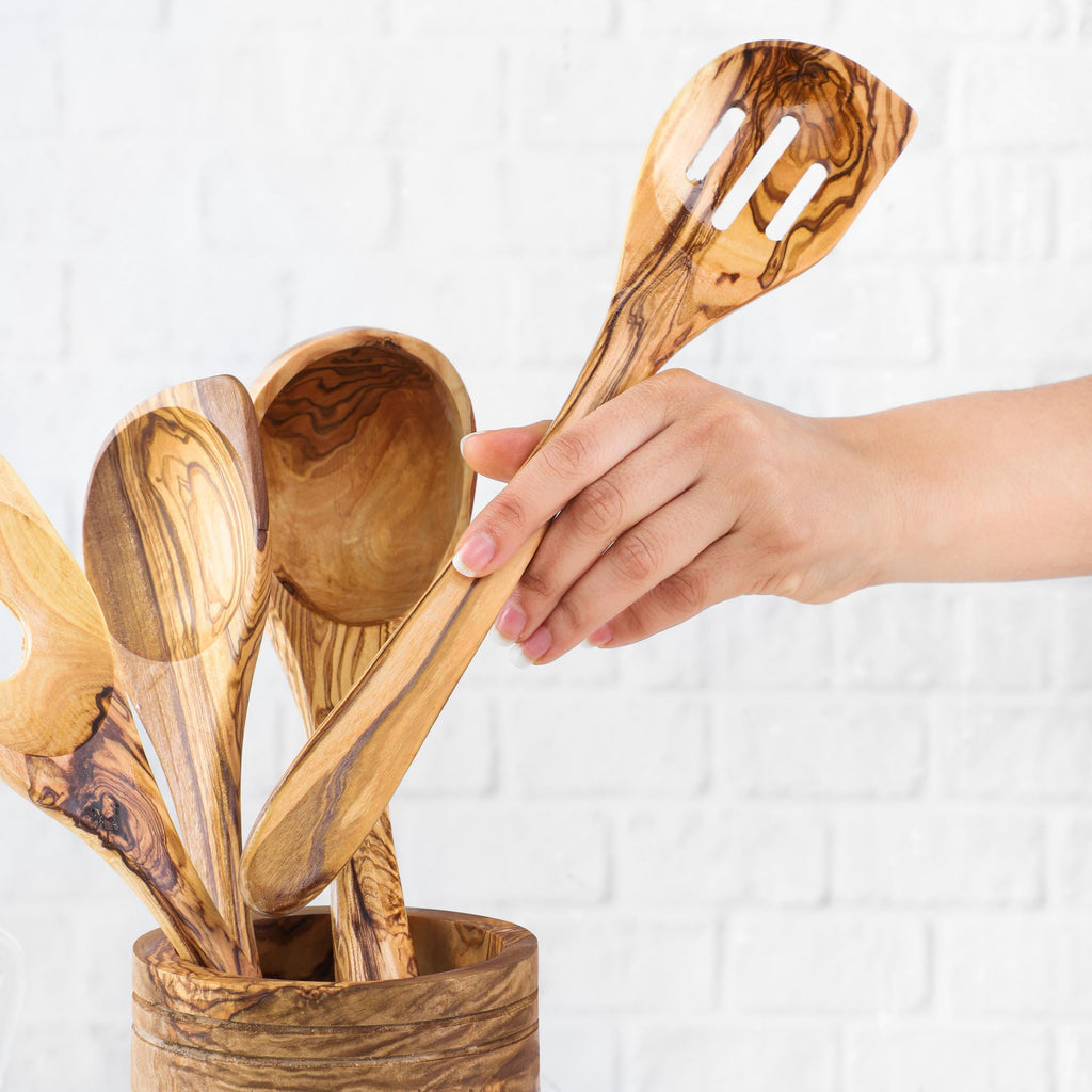 Olive Wood Utensil Set with Holder: 5 Handmade Essential Utensils