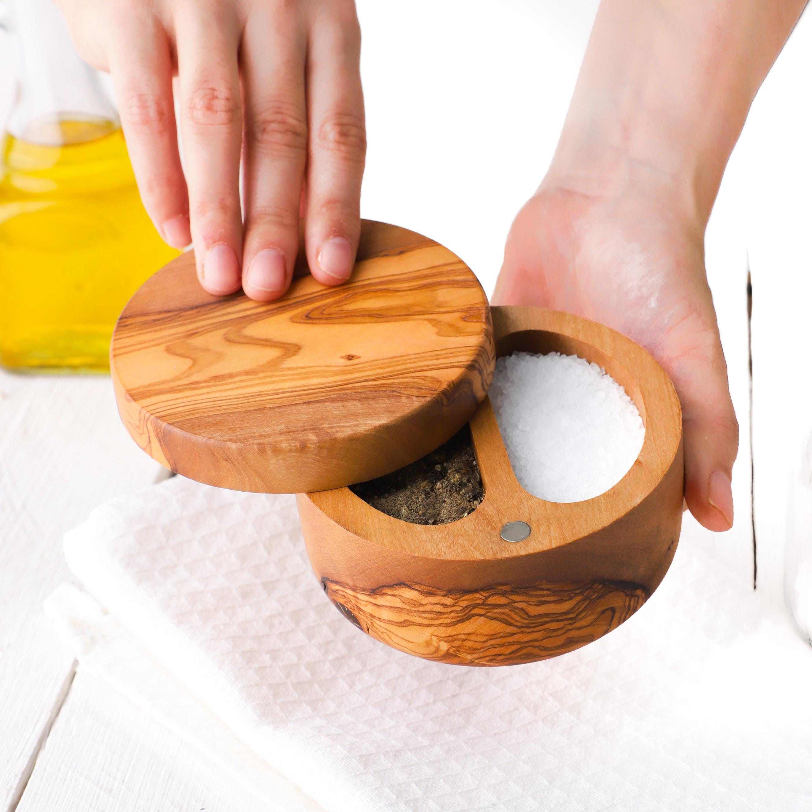 Handmade Olive Wood Divided Salt Cellar with Lid & Spoon