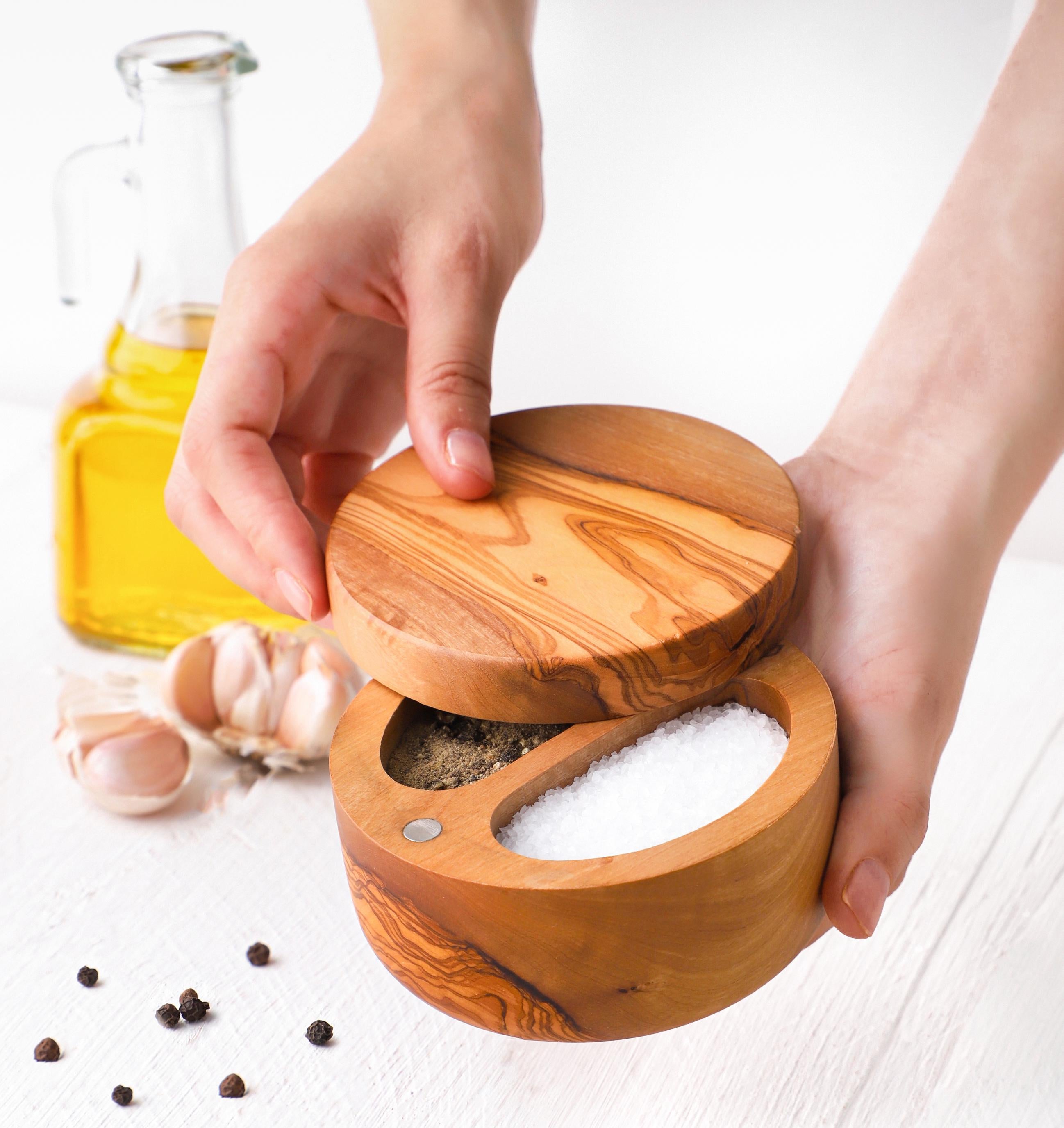Handmade Olive Wood Divided Salt Cellar with Lid & Spoon