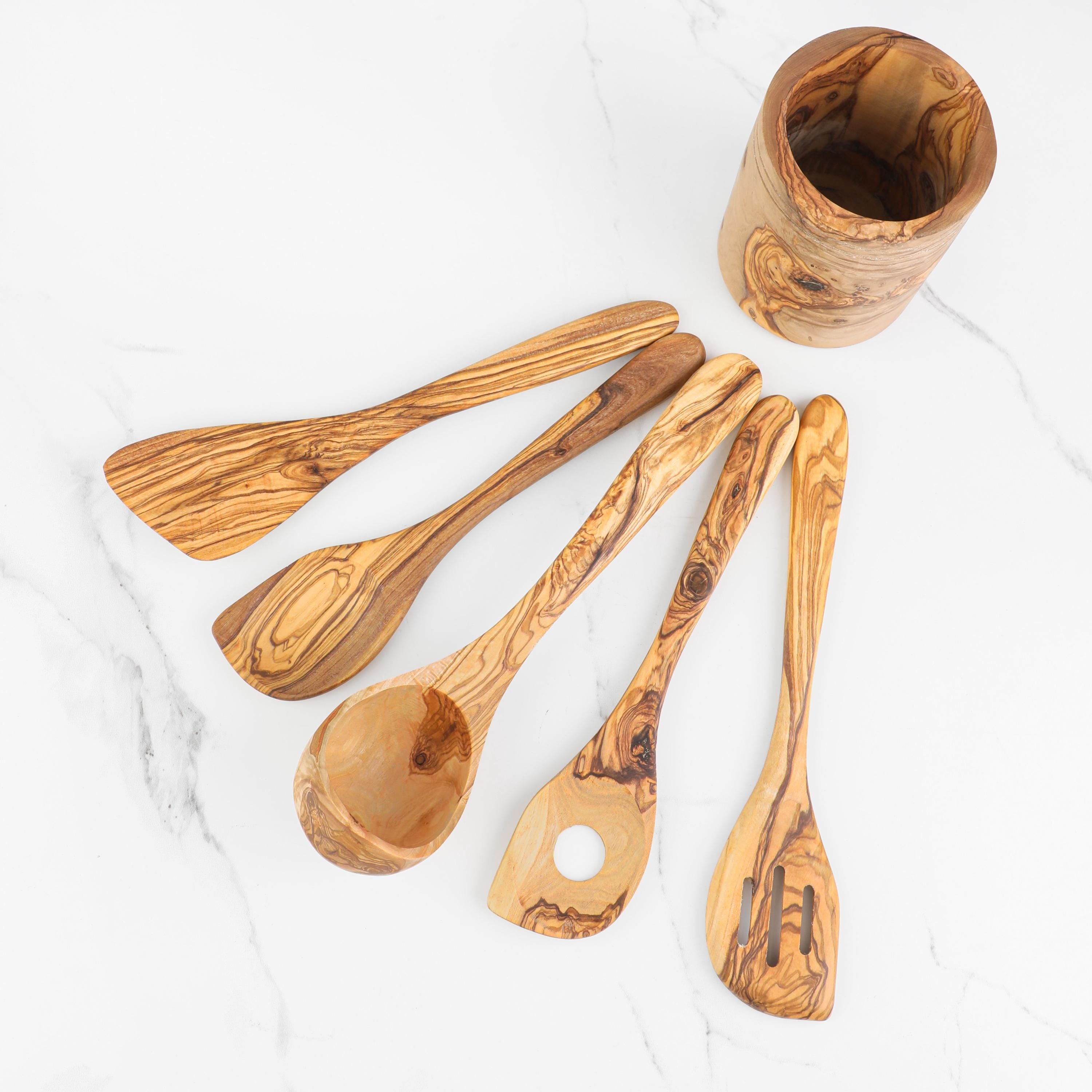 Olive Wood Utensil Set with Holder: 5 Handmade Essential Utensils