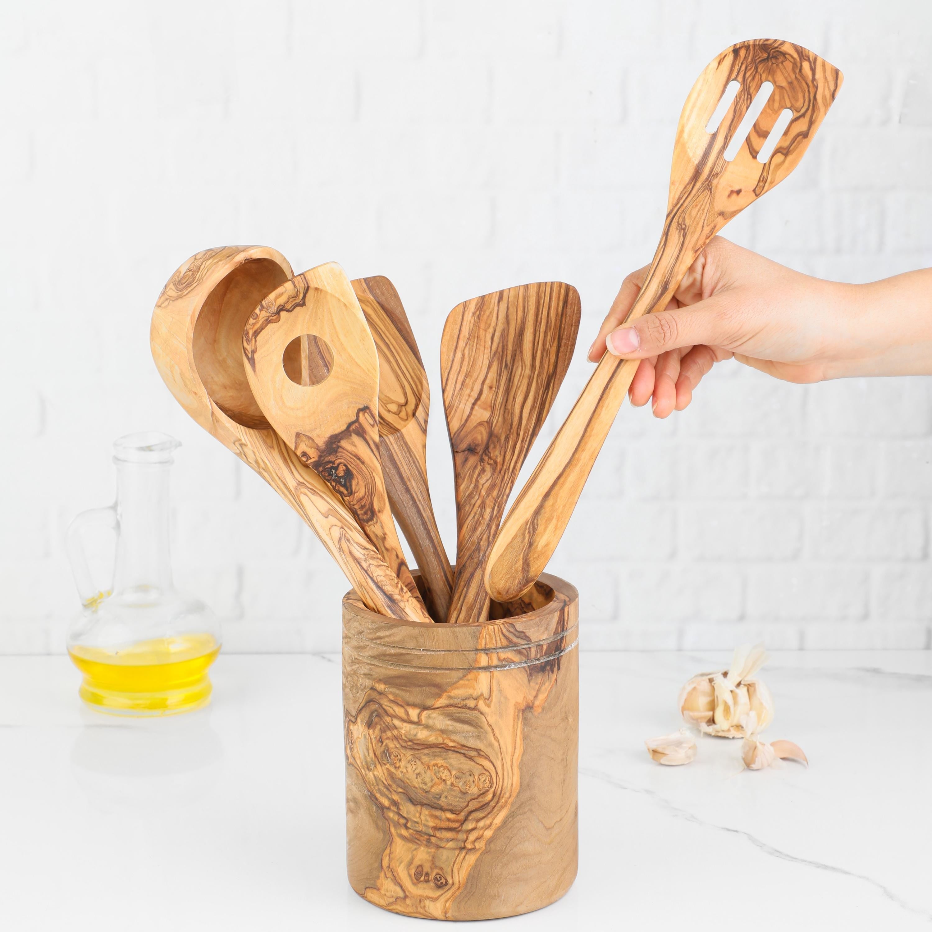 Olive Wood Utensil Set with Holder: 5 Handmade Essential Utensils