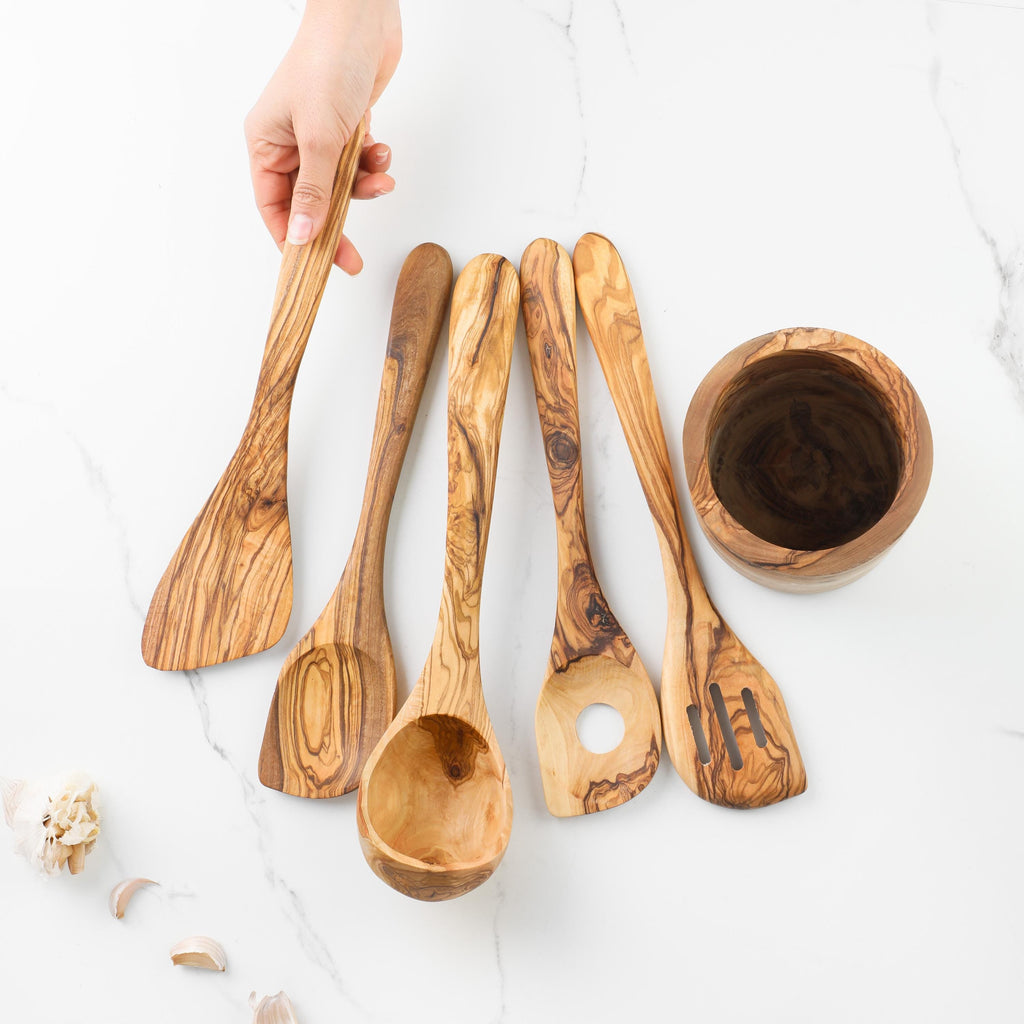 Olive Wood Utensil Set with Holder: 5 Handmade Essential Utensils