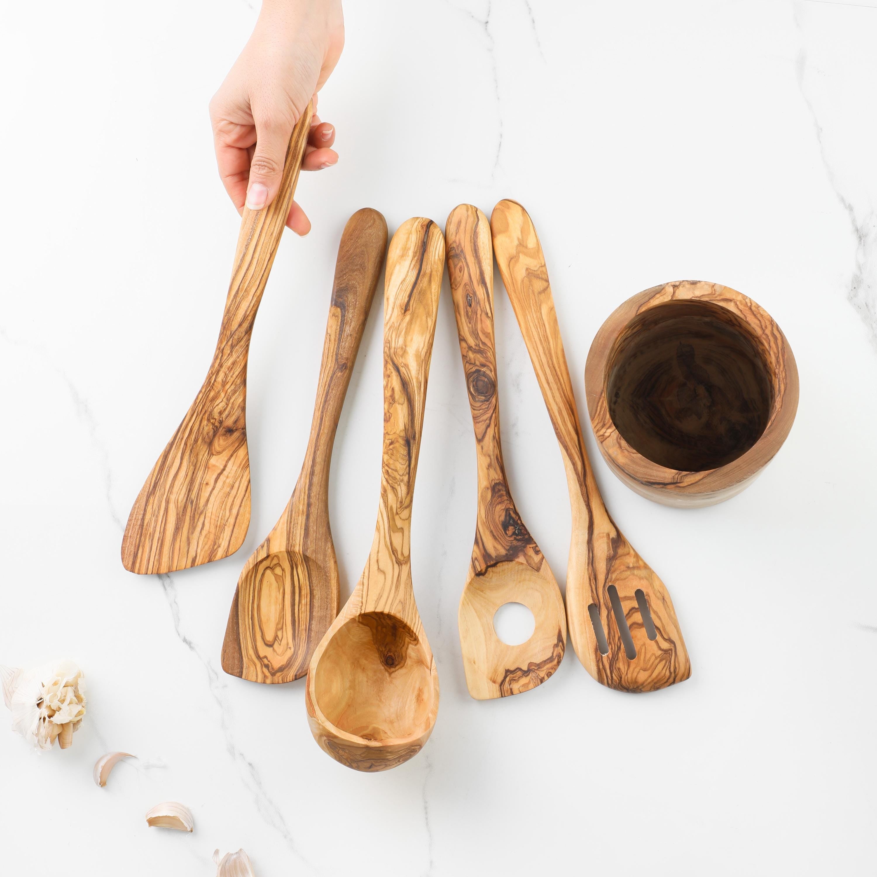 Olive Wood Utensil Set with Holder: 5 Handmade Essential Utensils