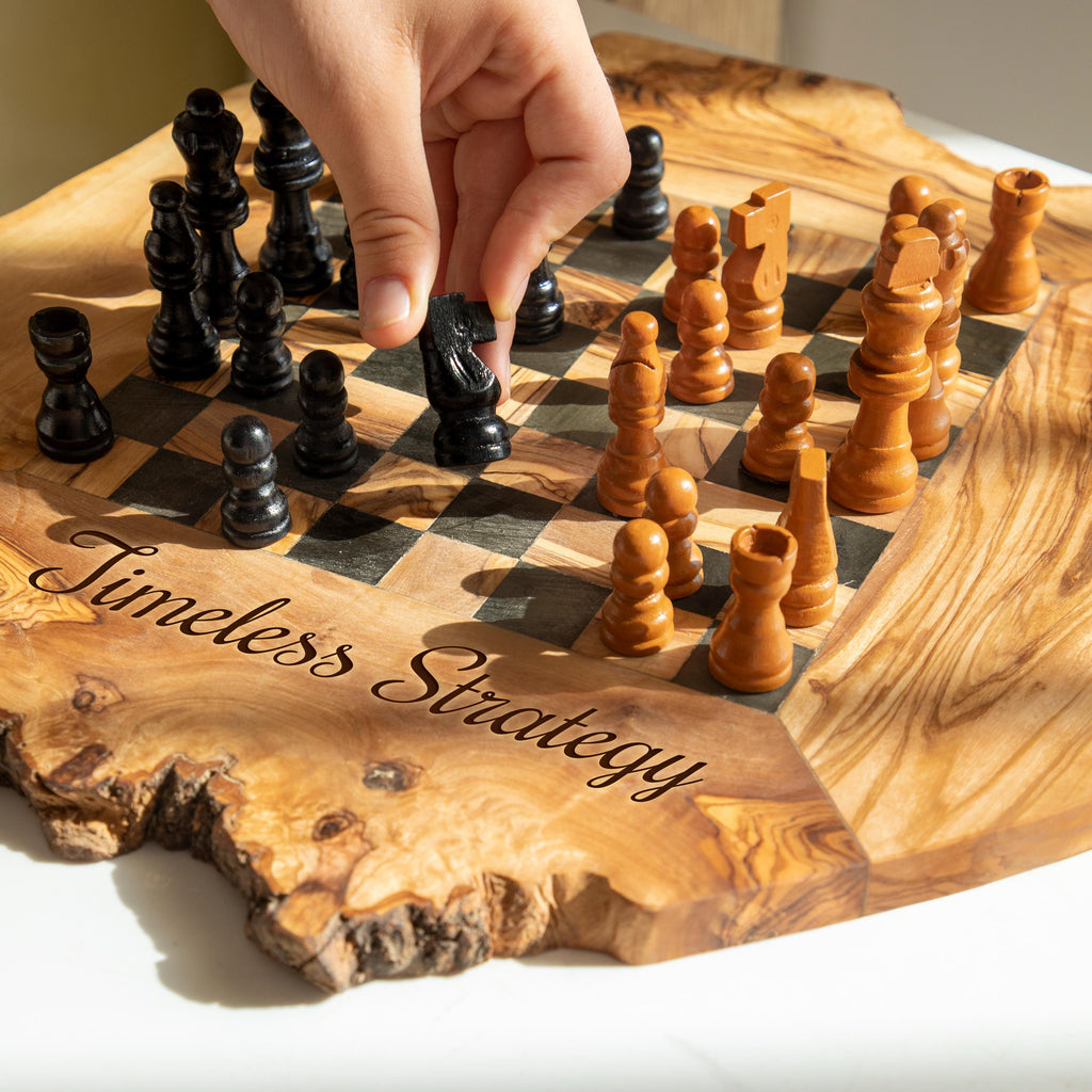 Handmade Olive Wood Chess Set with Rough Edges: Personalized Gift
