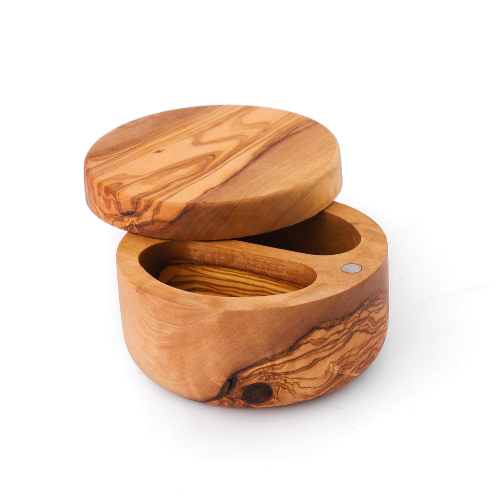 Handmade Olive Wood Divided Salt Cellar with Lid & Spoon