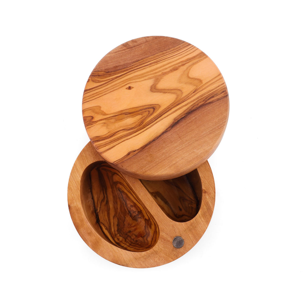 Handmade Olive Wood Divided Salt Cellar with Lid & Spoon
