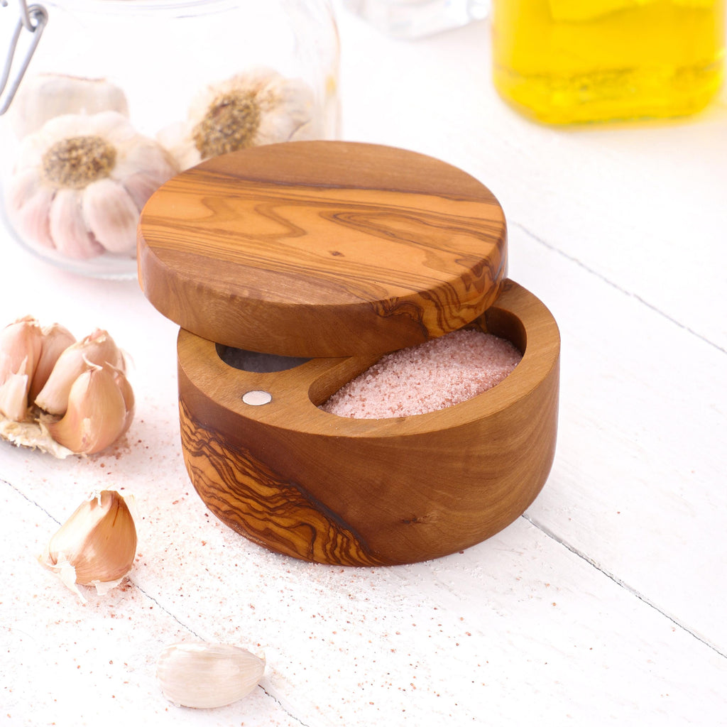 Handmade Olive Wood Divided Salt Cellar with Lid & Spoon