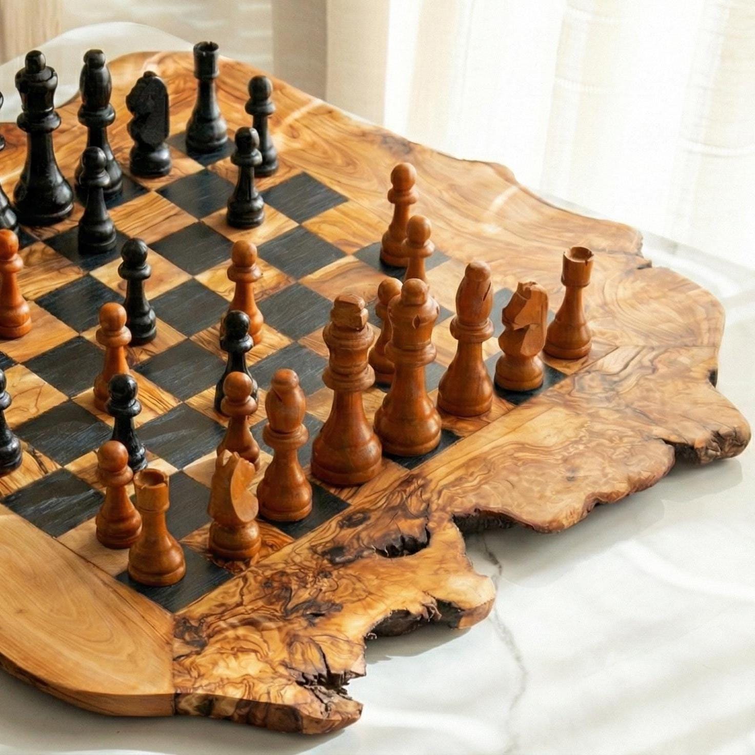 Handmade Olive Wood Chess Set with Rough Edges: Personalized Gift