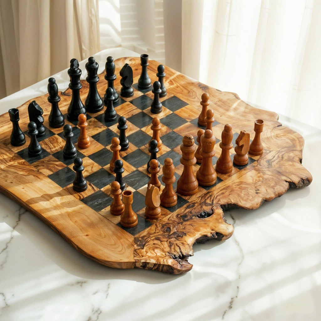 Handmade Olive Wood Chess Set with Rough Edges: Personalized Gift